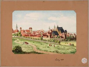 Stadtansicht von Freiberg, Blick von Nordosten mit der alten Jacobikirche links, weiter Nikolaikirche, Rathausturm, Stadtkirche St. Petri und Dom St. Marien