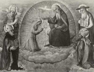 Maria vor Gottvater, umgeben von den vier Kirchenvätern