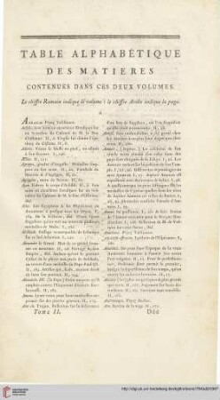 Table Alphabétique des matieres contennues dans ces deux Volumes