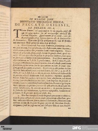 Disputatio Theologiae Biblicae, De Peccato Originis.