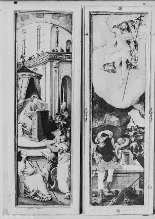 Altar: Mittelbild mit Kreuzigung, rechter Flügel mit Auferstehung Christi, linker Flügel mit Christus im Tempel, weiter Flügel mit der Vorstellung der Verkündigung