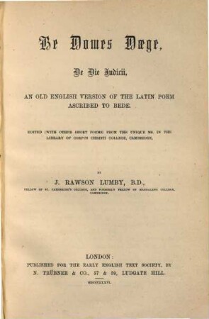 Be domes daege : de die Judicii, an old Engl. version of the Latin poem ascribed to Bede