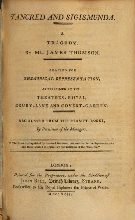 Tancred and Sigismunda : a tragedy