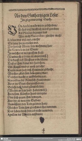 An den Guthertzigen Leser In gegenwertig Buch