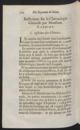 Reflexions sur la chronologie Chinoise par Monsieur Cassini