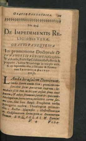 De Impedimentis Religionis Verae. Oratio Panegyrica. In promotione Doctorali D. Immanuelis Königii ...