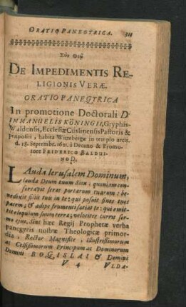 De Impedimentis Religionis Verae. Oratio Panegyrica. In promotione Doctorali D. Immanuelis Königii ...
