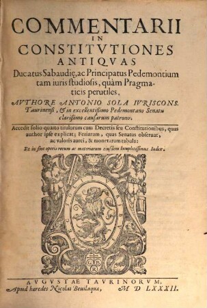 Commentarii in Constitutiones antiquas ducatus Sabaudia ac principatus Pedemontium