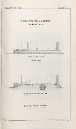 Plate G. Puliyankulama. Viháré No. 3. Side elevation. Section through AB