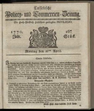 16tes Stueck, Montag den 16ten April. 1770