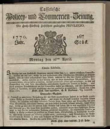 16tes Stueck, Montag den 16ten April. 1770