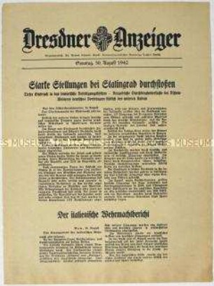 Nachrichtenblatt "Dresdner Anzeiger" mit Meldungen des Oberkommandos der Wehrmacht und des italienischen Oberkommandos u.a. zur Schlacht um Stalingrad