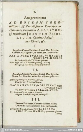 Anagrammata Ad Eosdem Serenißimos & Praecelißimos Principes ac Dominos, Dominum Augustum, & Dominum Joannem-Fridericum, Comites Palatinos Rheni, & c.