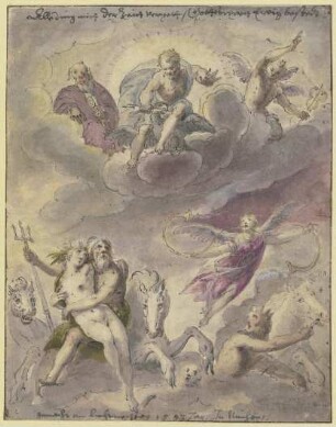 Neptun und Amphitrite mit Seegöttern, Pferden und der schwebenden Fama, in den Wolken Jupiter, Merkur und ein dritter Gott
