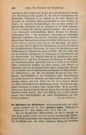 486-489 [Rezension] Hessen, Johannes, Die Absolutheit des Christentums