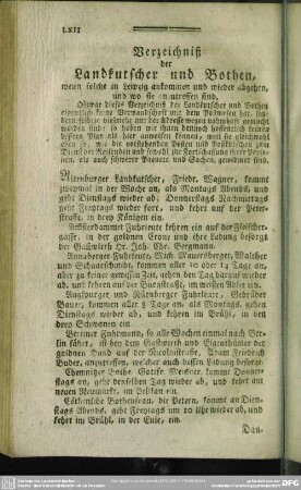 Verzeichniß der Landkutscher und Bothen