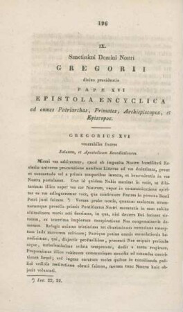 196-206 Sanctissimi Domini Nostri Gregorii divina providentia Papae XVI. Epistola Encyclica ad omnes Patriarchas, Primates, Archiepiscopos er Episcopos