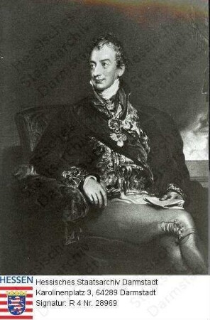Metternich-Winneburg, Clemens Lothar Fürst v. (1773-1859) / Porträt, in Sessel sitzendes, linksgewandtes, rechtsblickendes Kniestück, ein Schriftstück in der linken Hand haltend