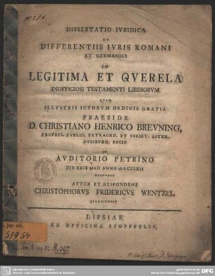 Dissertatio Iuridica De Differentiis Iuris Romani Et Germanici In Legitima Et Querela Inofficiosi Testamenti Liberorum