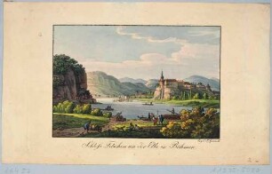 Tetschen an der Elbe in Böhmen (heute Děčín in Tschechien), Blick über die Elbe auf das Schloss (im 10. Jahrhundert Burg aus Holz, im 16. Jahrhundert Umbau zum Renaissanceschloss), links der Felsen "Schäferwand"