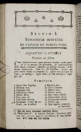 Sectio I. Sententiæ morales. Ex Catone Et Publio Syro.