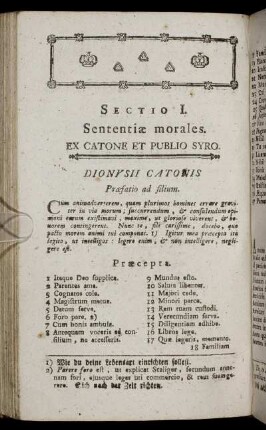 Sectio I. Sententiæ morales. Ex Catone Et Publio Syro.