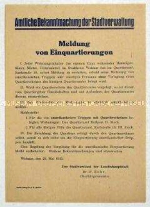 Amtliche Bekanntmachung der Stadtverwaltung von Weimar zu Einquartierungen, insbesondere von amerikanischen Truppen