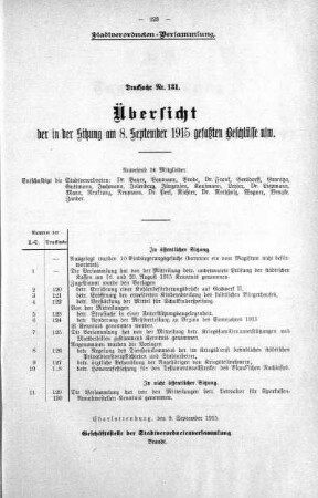 Übersicht der in Sitzung gefaßten Beschlüsse (131), 08. September 1915