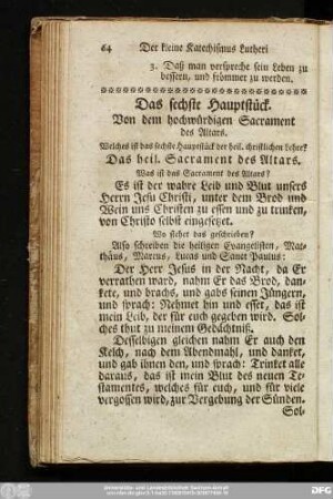 Das sechste Haupstück. Von dem hochwürdigen Sacrament des Altars.
