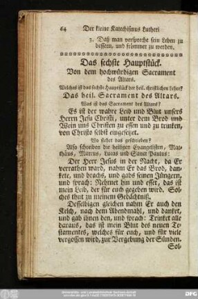 Das sechste Haupstück. Von dem hochwürdigen Sacrament des Altars.