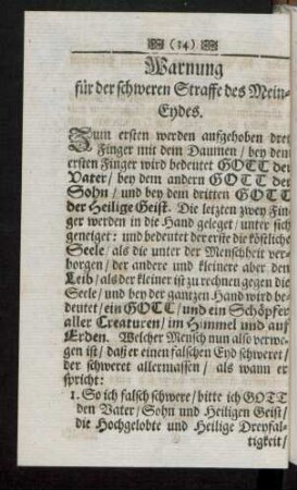 Warnung für der schweren Straffe des Mein-Eydes.