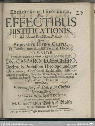 Exercitatio theologica, de effectibus justificationis : ad locum Pauli Rom. V. v. 1. 2.