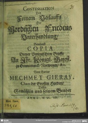 Continuation des fernern Verlauffs der nordischen Friedens Unterhandlung
