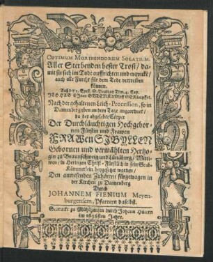 Optimum Moribundorum Solatium. Aller Sterbenden bester Trost/ damit sie sich im Tode auffrichten und erquicke[n]/ auch alle Furcht für dem Tode vertreiben können. Auß der 2. Epist. S. Pauli an Tim. 4. Cap. Ich Hab Einen ... : Nach der gehaltenen Leich-Procession, so in Dannenberg eben an dem Tage angeordnet/ da der abgelebte Cörper Der ... Sibyllen Gebornen und vermählten Hertzogin zu Braunschweig und Lünäburg/ Wittiwen ... beygesetzet worden