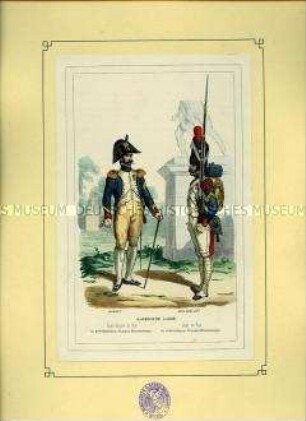Uniformdarstellung, Sergeant und Gemeiner des Korps der Jäger zu Fuß der Kaiserlichen Garde, Frankreich, 1812. Tafel 17 aus: Bellangé: Die Soldaten der französischen Republik und des Kaiserreichs.