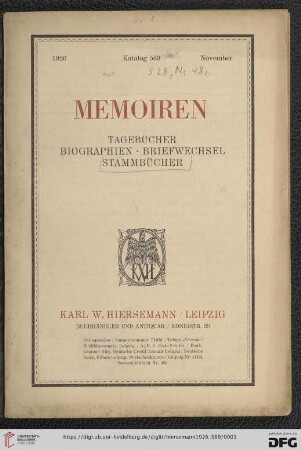 Nr. 569: Katalog: Memoiren - Tagebücher, Biographien, Briefwechsel, Stammbücher