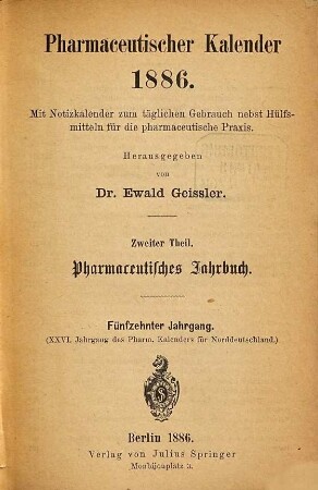Pharmaceutischer Kalender. 15. 1886