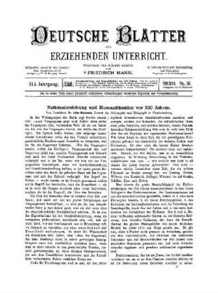 Nationalerziehung und Humanitätsidee vor 100 Jahren
