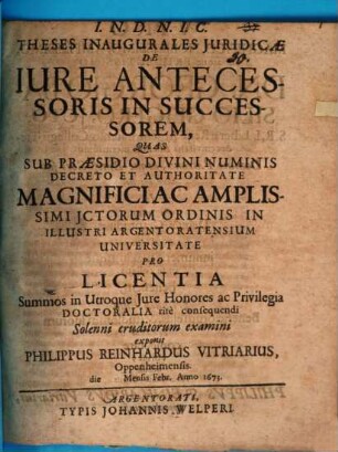 Theses Inaugurales Juridicæ De Jure Antecessoris In Successorem