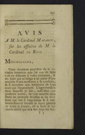 Avis a M. le Cardinal Mazarin