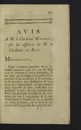 Avis a M. le Cardinal Mazarin