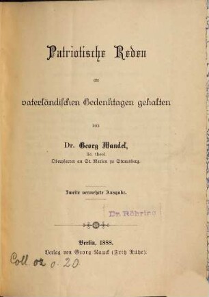 Patriotische Reden an vaterländischen Gedenktagen gehalten