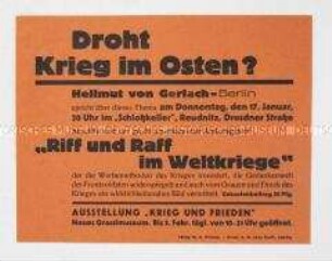 Handzettel mit der Einladung zu einem Anti-Kriegs-Vortrag mit Hellmut von Gerlach