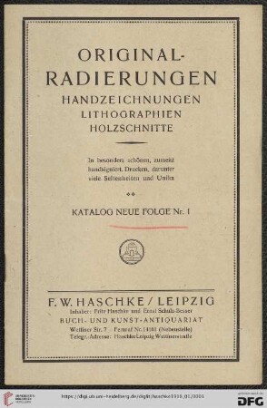 NF Nr. 1: Katalog: Original-Radierungen : Handzeichnungen, Lithographien, Holzschnitte : in besonders schönen, zumeist handsigniert, Drucken, darunter viele Seltenheiten und Unika