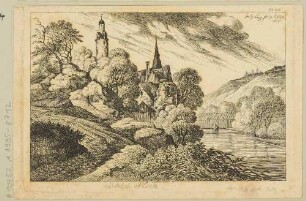 Das Schloss (Burg) Stein (Hartenstein-Stein) südöstlich von Zwickau am Ufer der Zwickauer Mulde, Blick aus westlicher Richtung, aus Lenz’ "50 Landschaften ..."