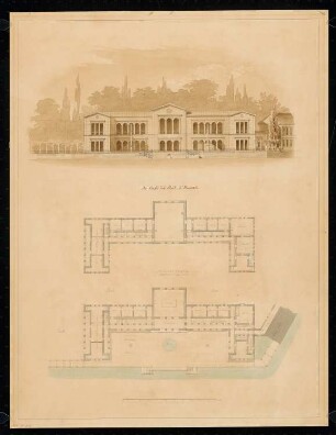Kaffeehaus am Wasser, Berlin Monatskonkurrenz April 1834: Grundriss Erdgeschoss, Obergeschoss, Aufriss Ansicht vom Wasser; Maßstabsleiste