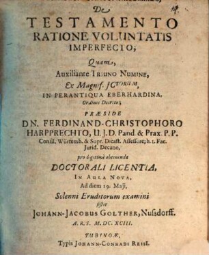 Tractatio synopt. inauguralis, de testamento ratione voluntatis imperfecto