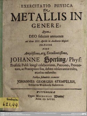 Exercitatio physica de metallis in genere