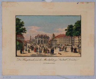 Dresden, der Neustädter Markt nach Süden, Blick von der Promenade in der Hauptstraße über den Platz mit dem Reiterstandbild August des Starken (Goldener Reiter) auf die Neustädter Wache (Blockhaus), die Augustusbrücke und die Altstadt