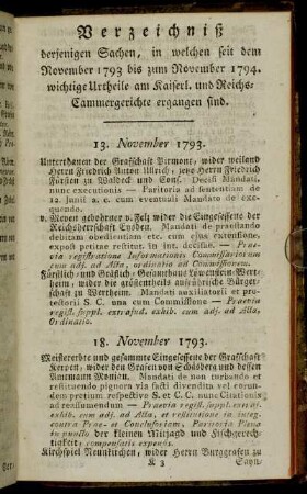 Verzeichniß derjenigen Sachen, in welchen seit dem November 1793 bis zum November 1794. wichtige Urtheile am Kaiserl.und Reichs-Cammergerichte ergangen sind.